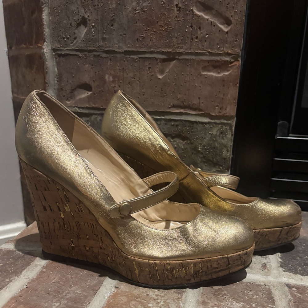 Christian Louboutin Metallic Gold Leather Cork Platform Wedge Mary Jane - Picture 1 of 16